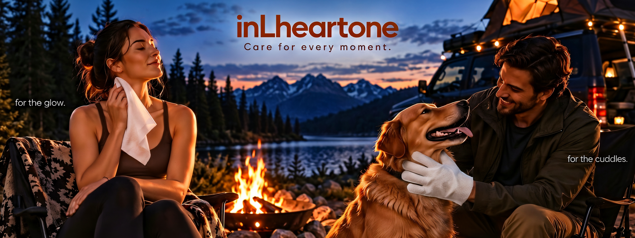 inLheartone lakeside camping scene: a woman using a body wipe, a man wearing a pet glove wipe beside a golden retriever, a campfire, and a rooftop-tent SUV. The image includes the inLheartone logo, Care for every moment., for the glow., and for the cuddles.